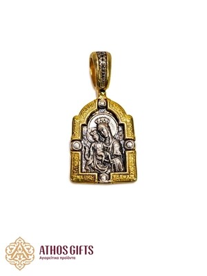 Silver medallion icon featuring the image of the icon “Axion Estin” (Worthy It Is) of the Mother of God.