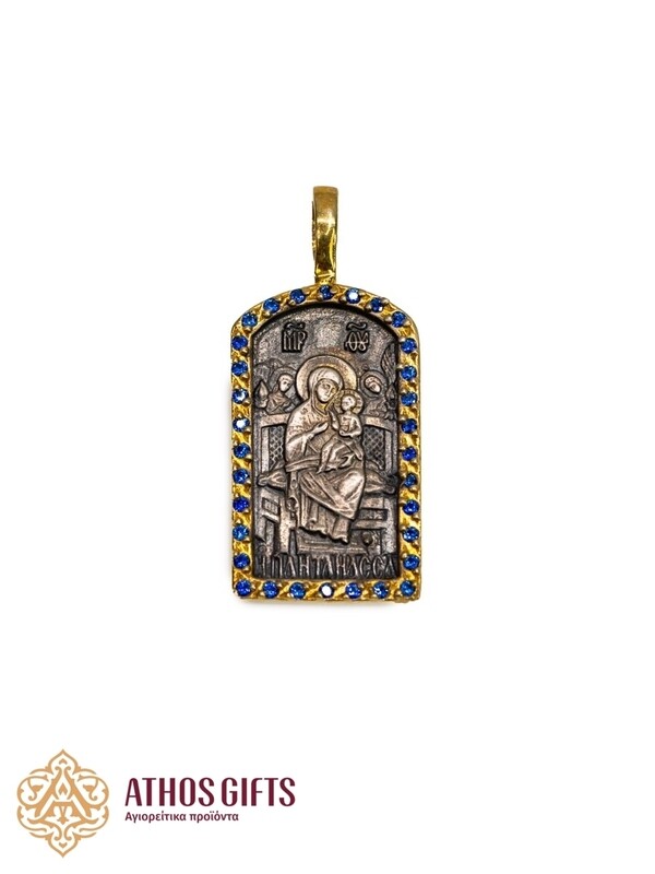 Silver icon medallion depicting the icon “Mother of God Pantanassa.”