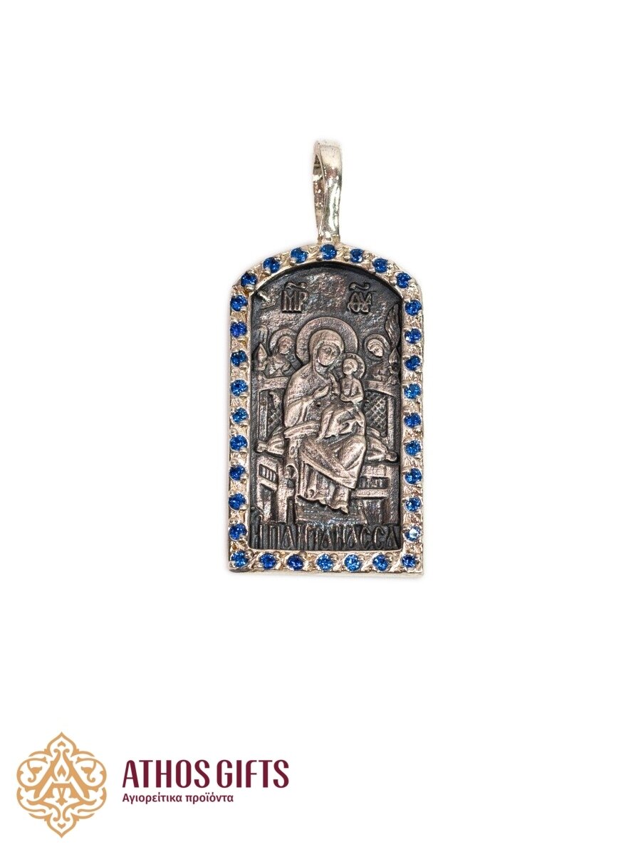 Silver icon medallion depicting the icon “Mother of God Pantanassa.”