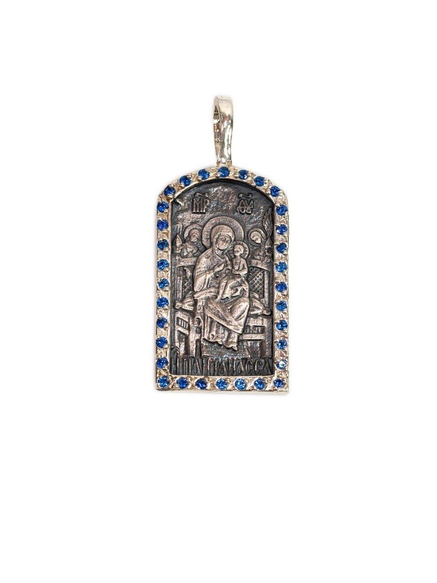 Mother of God Pantanassa silver pendant, Rhinestone color: Blue