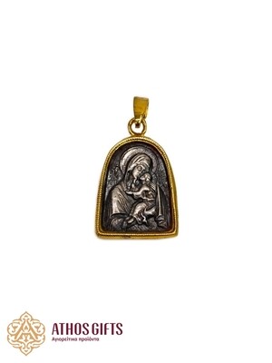 Silver pendant icon for wearing around the neck, featuring the image of the Mother of God.