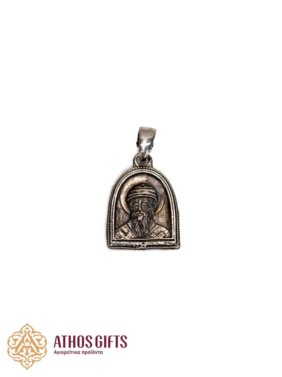 Silver medallion icon depicting Saint Spyridon of Trimythous.