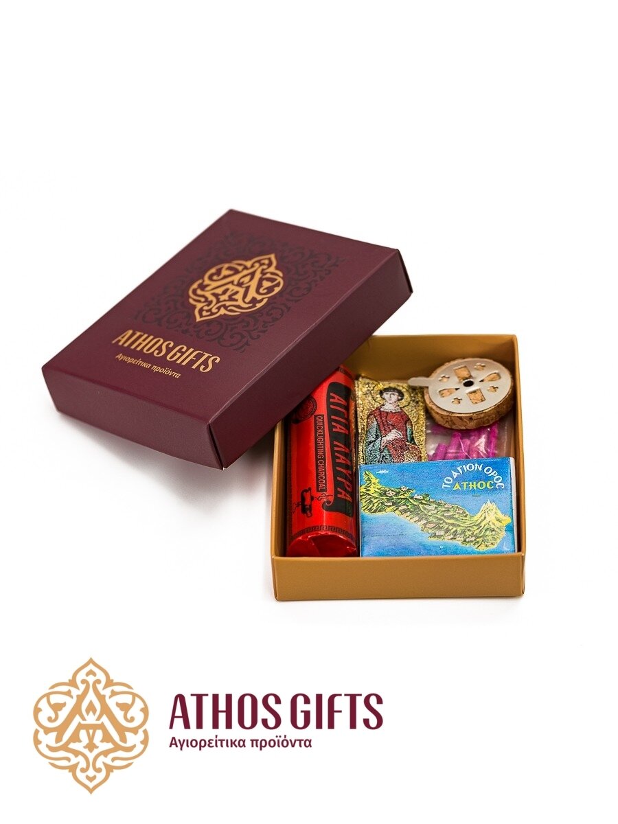 Gift set of 5 items: a fabric amulet, a float and wicks for an oil lamp, incense, and charcoal for burning incense.