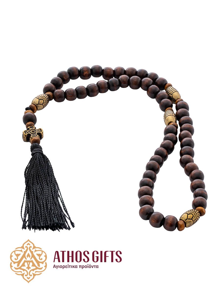 Handmade prayer rope with 50 wooden beads, Color: Dark wood