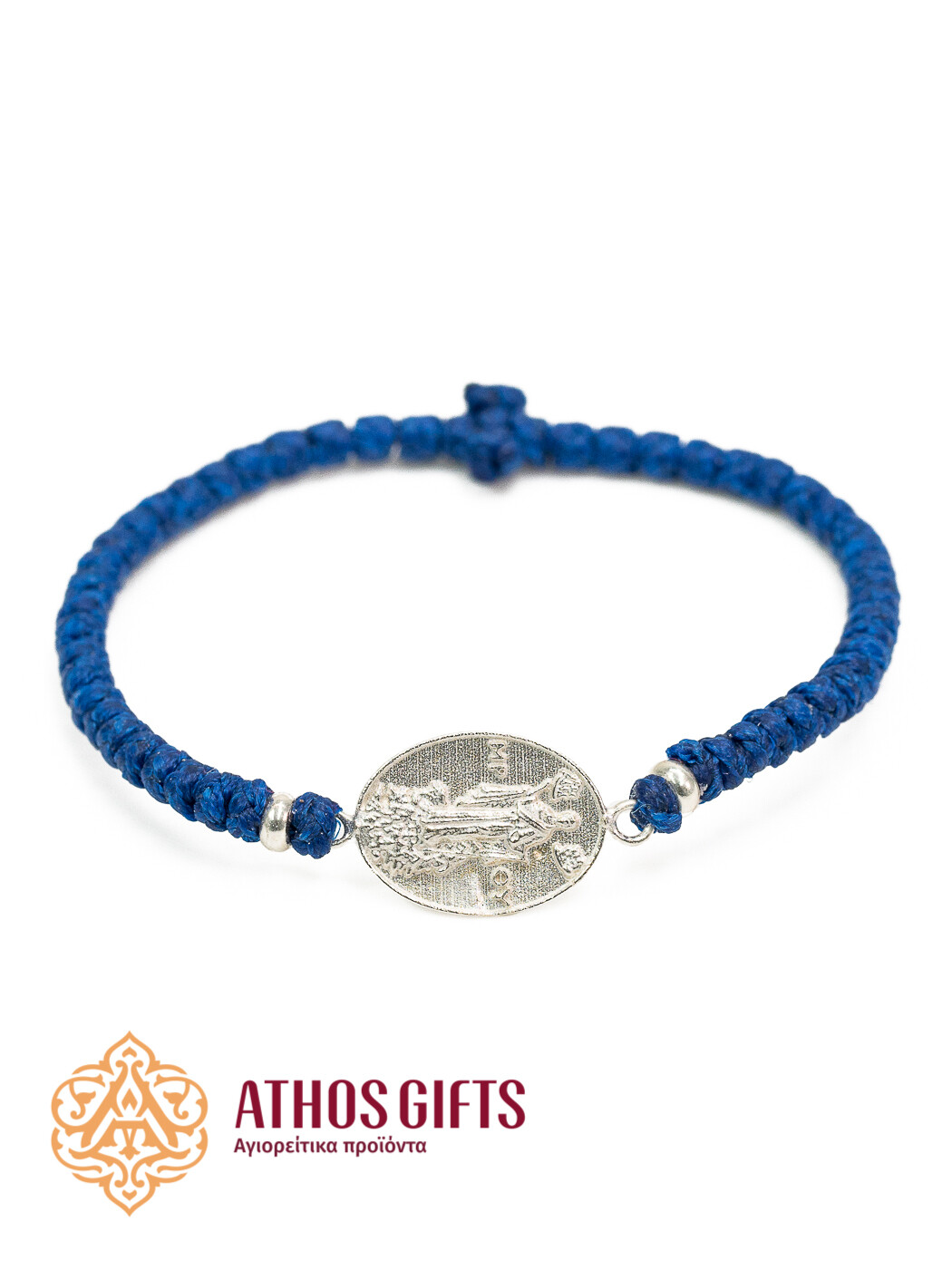 Handmade blue bracelet with an icon of the Mother of God, Abbess of Mount Athos.