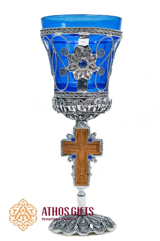 Large tabletop oil lamp made of blue glass for home