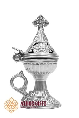Silver-colored metal censer for incense with a holder.