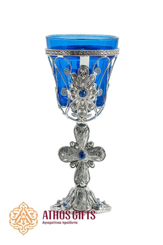 Large tabletop oil lamp made of blue glass for home