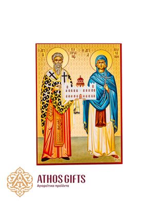 Икона святых Киприана и Иустины выполнена на ДСП с использованием самых передовых технологий печати