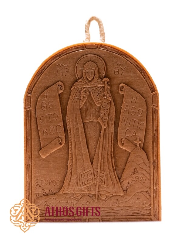 The icon of the Theotokos “Abbess of Mount Athos” is handmade from beeswax.