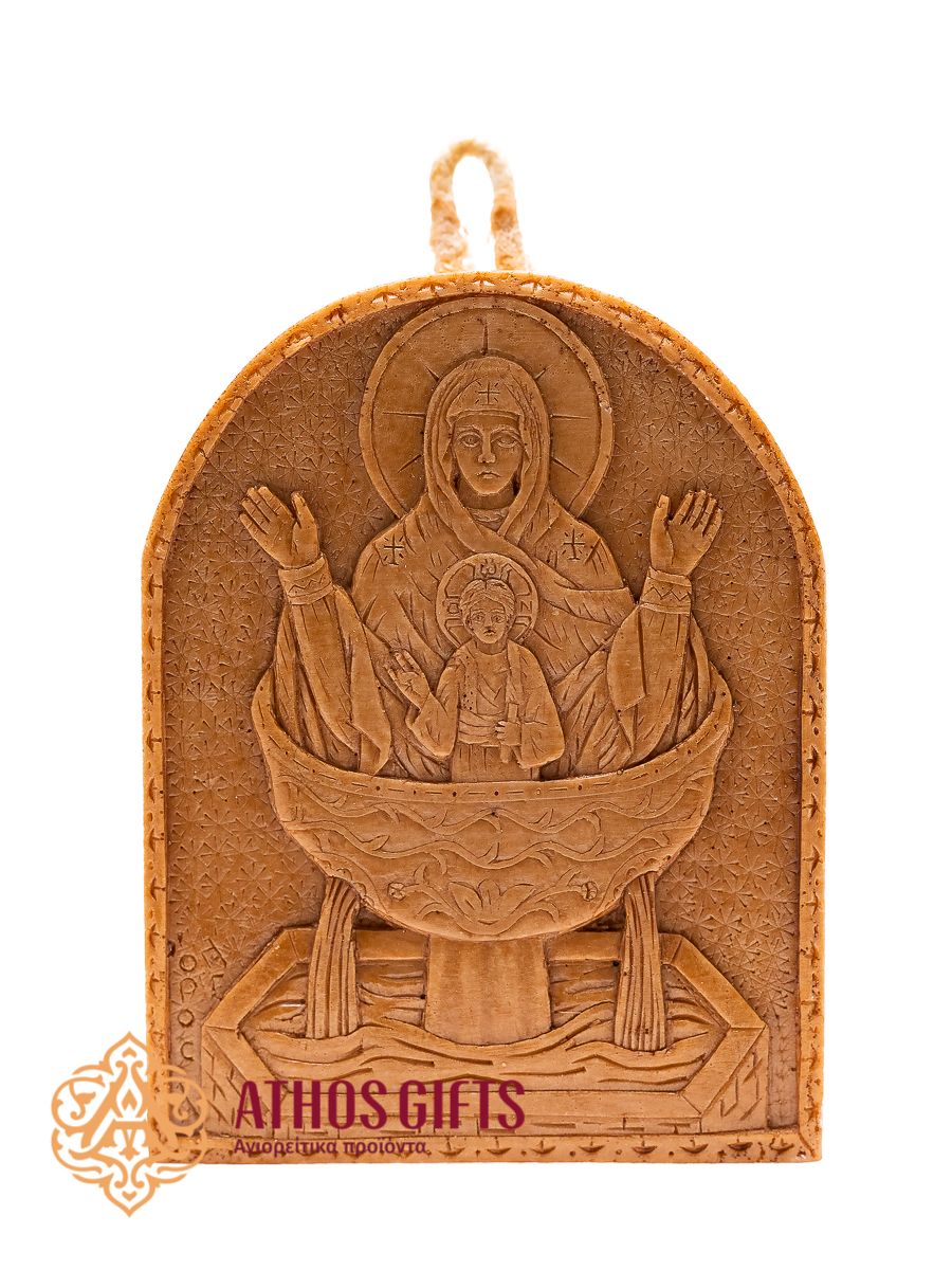 The icon of the Mother of God “Life-Giving Spring” made of beeswax is handcrafted