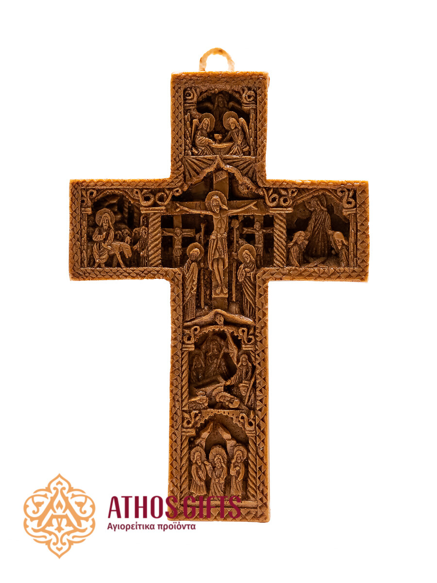 Wall cross made of wax with depictions of scenes from the life of Christ.