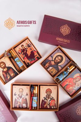 Gift set of 5 items: two icons, myrrh, a komboskini bracelet, and a fabric incense pouch.