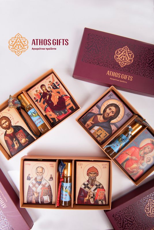 Gift set of 5 items: two icons, myrrh, a komboskini bracelet, and a fabric incense pouch.