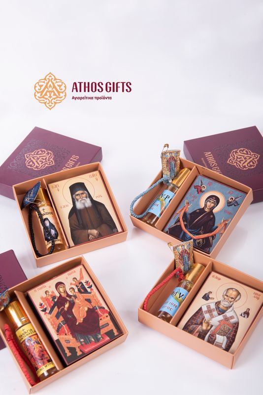 Gift set consisting of 4 items: an icon, myrrh, a komboskini bracelet, and a fabric incense pouch.