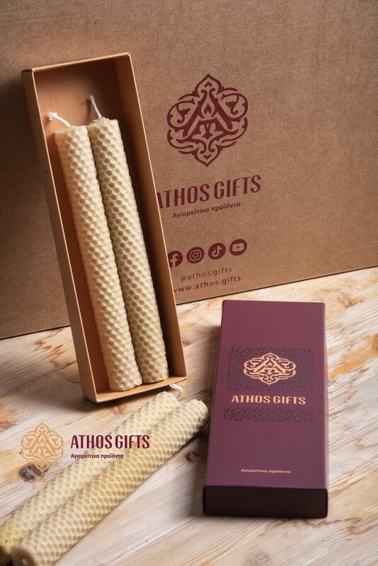 Set of two handmade candles made from natural beeswax, crafted in the cell of Saint Nicholas on Mount Athos