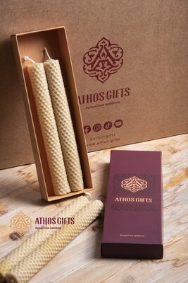 Set of two handmade candles made from natural beeswax, crafted in the cell of Saint Nicholas on Mount Athos