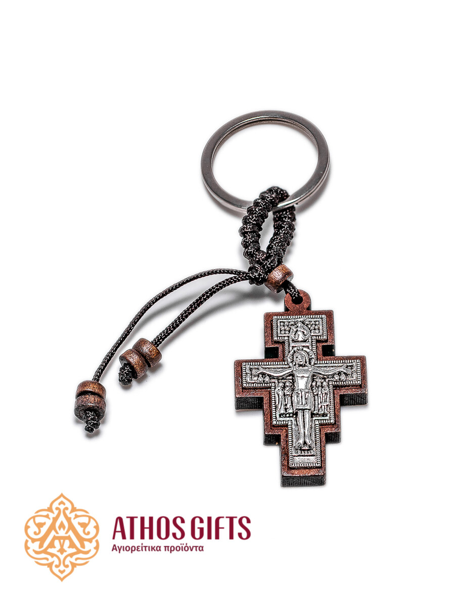Wooden keychain with a metal crucifix.