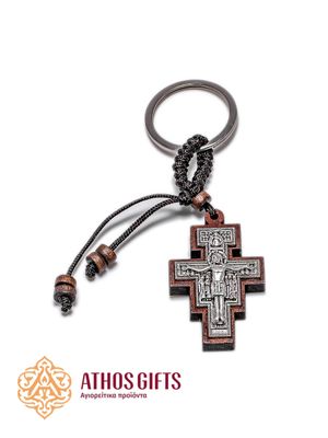 Wooden keychain with a metal crucifix.