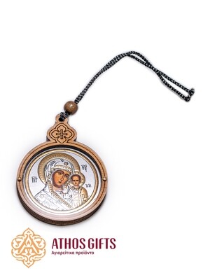 Wooden hanging icon for a car with a relief image of the Kazan Mother of God