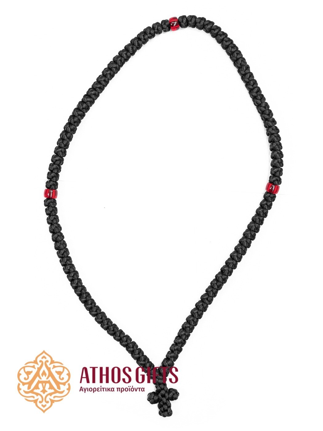 Handmade woven prayer rope with 100 knots and red bead inserts.