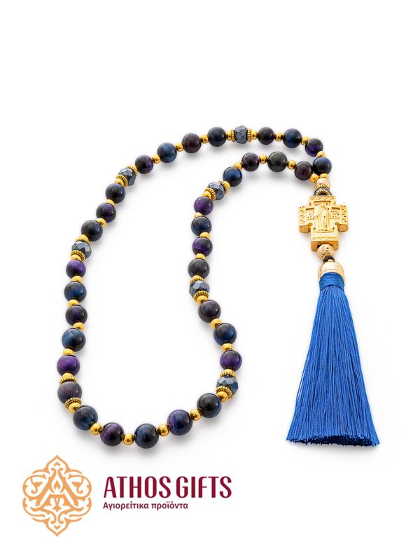 Tiger’s eye prayer rope with 33 beads and a blue tassel.