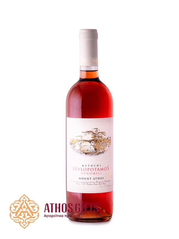 Milopotamos semi-sweet rosé wine, Hamburg Muscat variety.