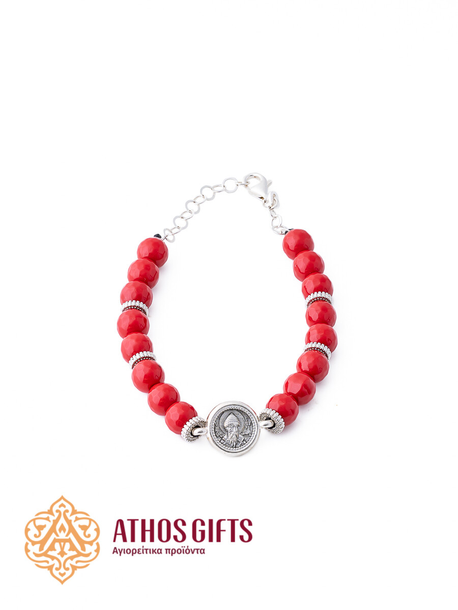 Red agate bracelet with a silver icon of Saint Spyridon of Trimythous (Corfu)
