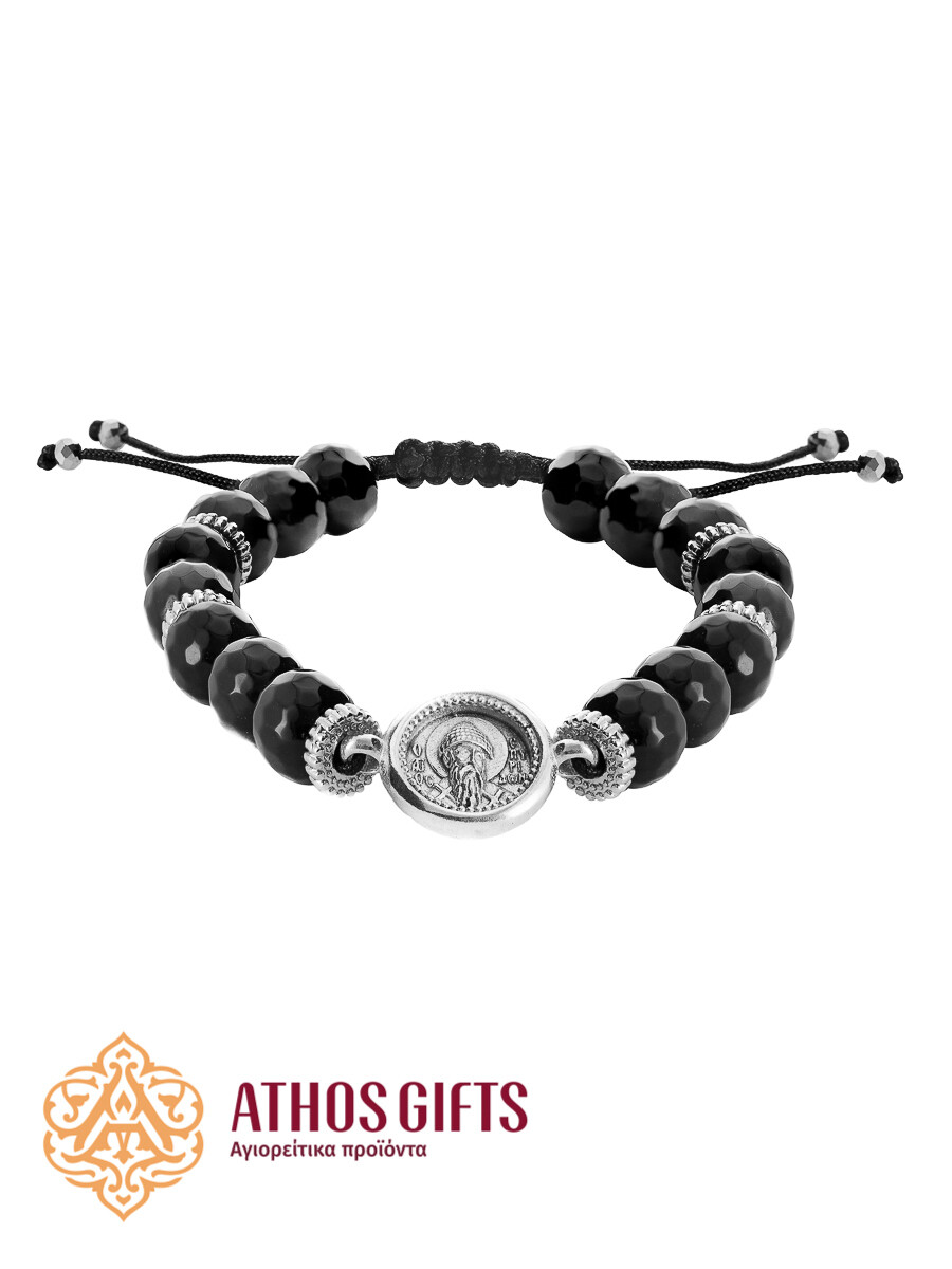 Black agate bracelet with a silver icon of Saint Spyridon of Trimythous (Corfu)