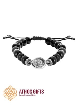 Black agate bracelet with a silver icon of Saint Spyridon of Trimythous (Corfu)