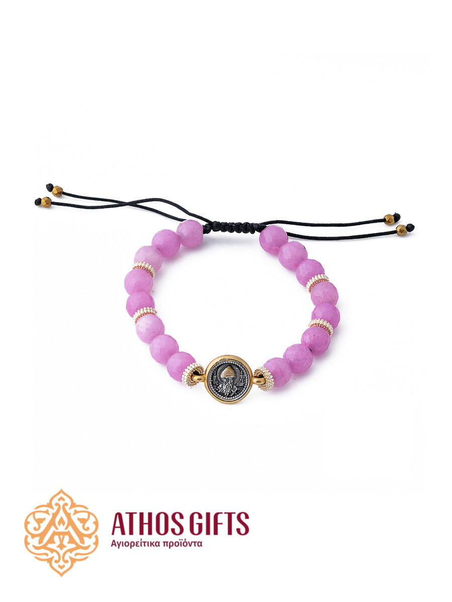 Pink agate bracelet with a partially gilded silver icon of Saint Spyridon
