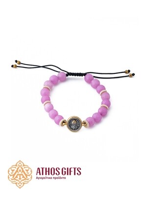 Pink agate bracelet with a partially gilded silver icon of Saint Spyridon
