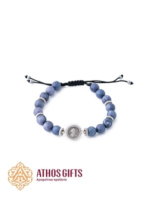 Blue agate bracelet with a silver icon of Saint Spyridon