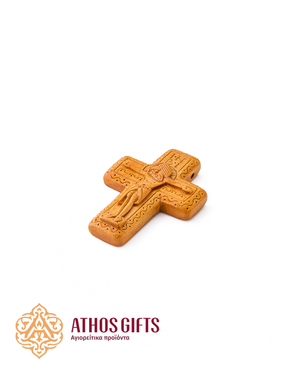 A carved wooden pectoral cross made by the monks of the Cell of Dositheou on Mount Athos.