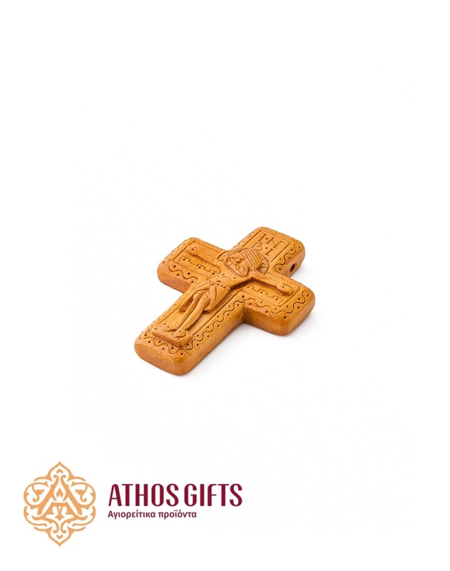 A carved wooden pectoral cross made by the monks of the Cell of Dositheou on Mount Athos.