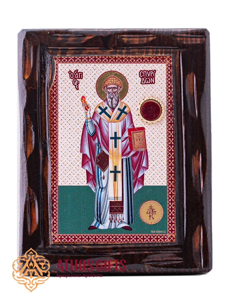 Handmade icon of St. Spyridon with a fragment of the saint’s slippers.