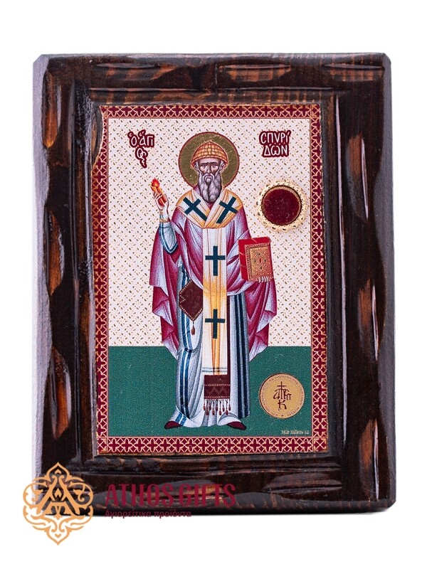 Handmade icon of St. Spyridon with a fragment of the saint’s slippers.