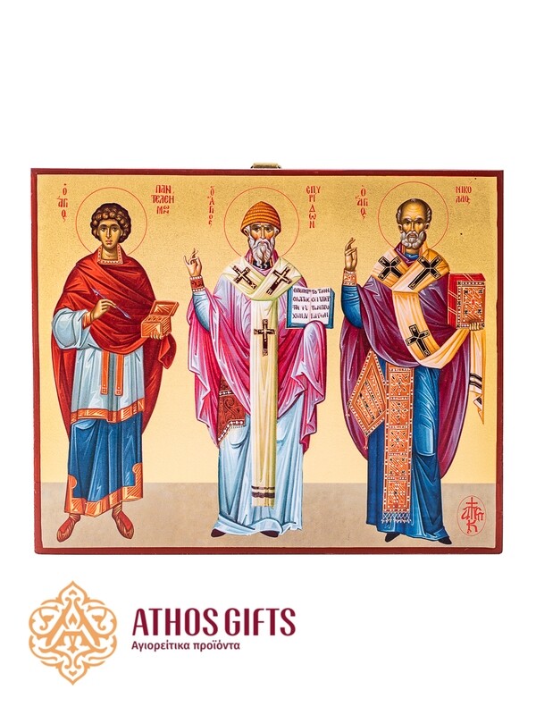Handmade icon of Saints Nicholas, Spyridon, and Panteleimon