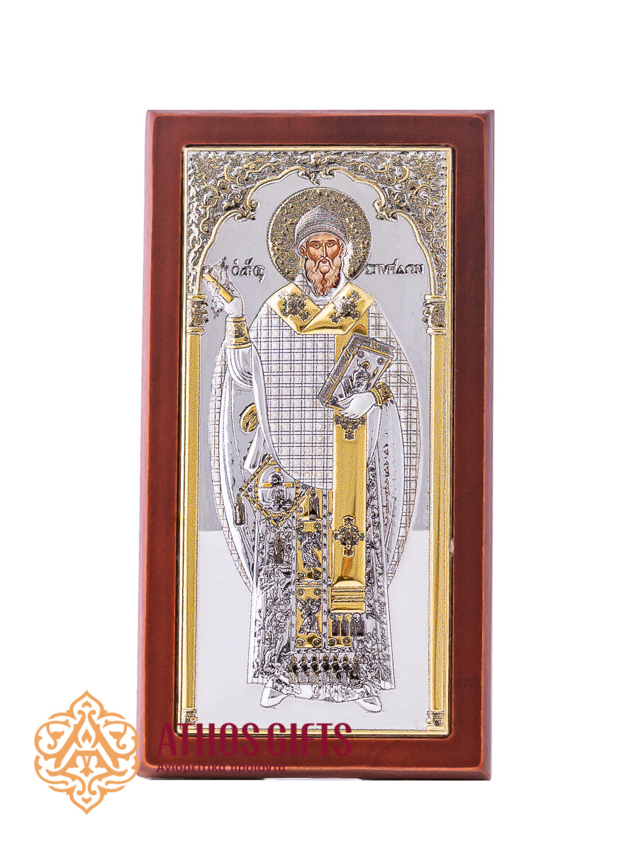 A tabletop icon of St. Spyridon in a wooden frame from the Church of St. Spyridon of Trimythous.