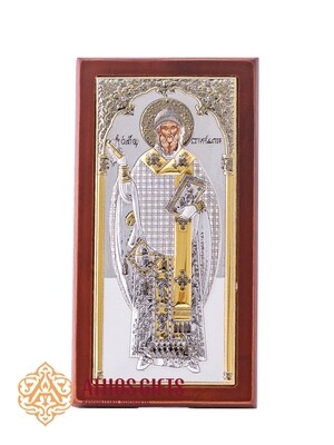 A tabletop icon of St. Spyridon in a wooden frame from the Church of St. Spyridon of Trimythous.