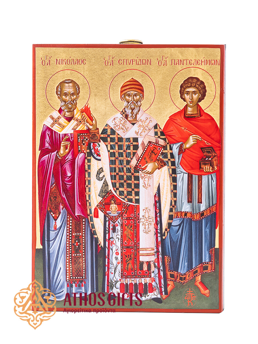 Handmade icon of Saints Nicholas, Spyridon, and Panteleimon
