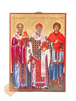 Handmade icon of Saints Nicholas, Spyridon, and Panteleimon