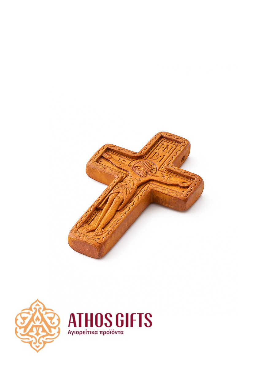 A carved wooden pectoral cross made by the monks of the Cell of Dositheou on Mount Athos.