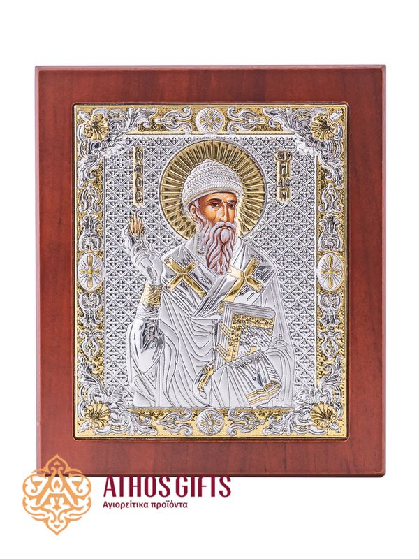 A tabletop icon of St. Spyridon in a wooden frame from the Church of St. Spyridon of Trimythous.