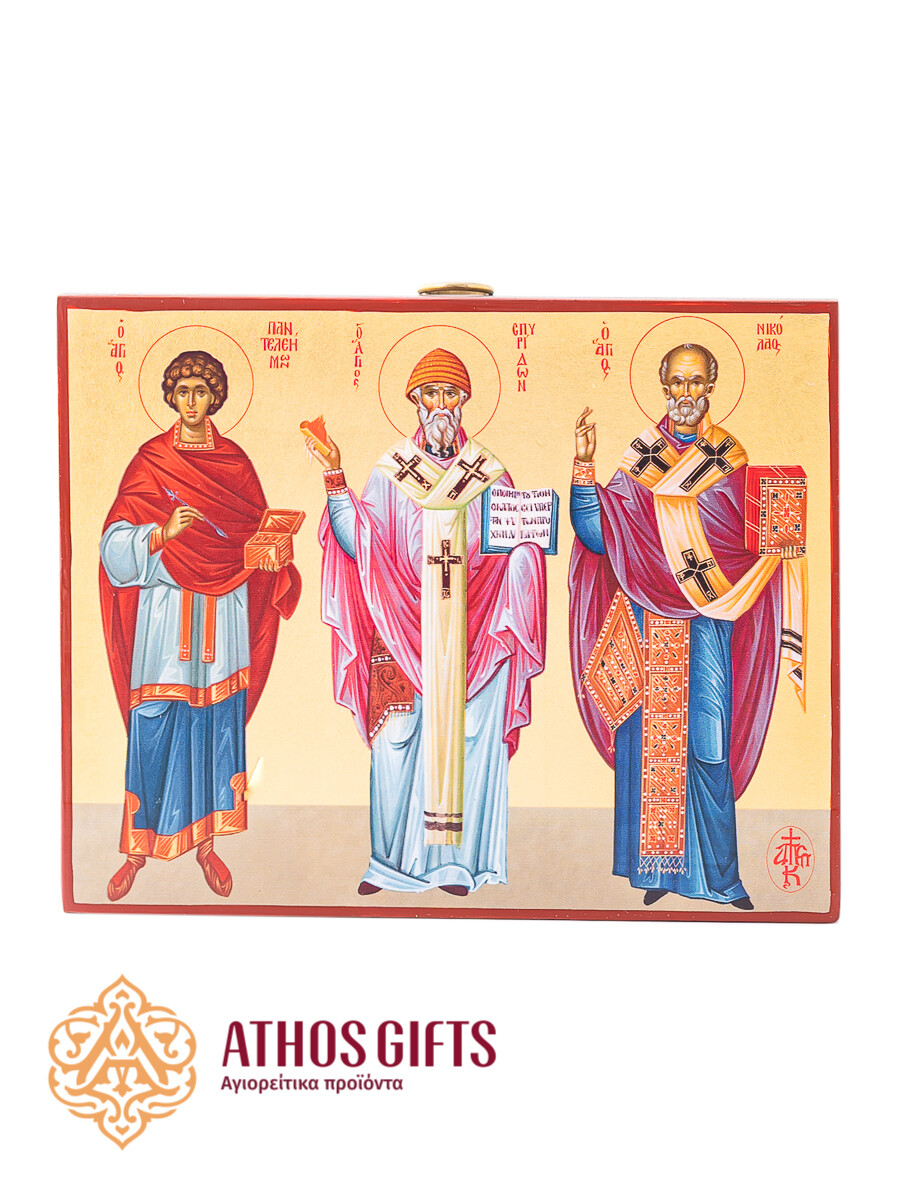 Handmade icon of Saints Nicholas, Spyridon, and Panteleimon