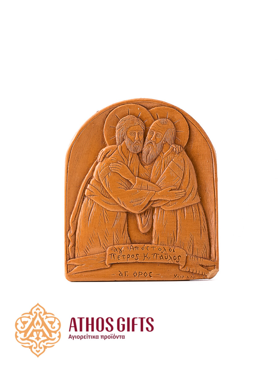 The icon “The Embrace of Peter and Paul” made of beeswax is handcrafted.