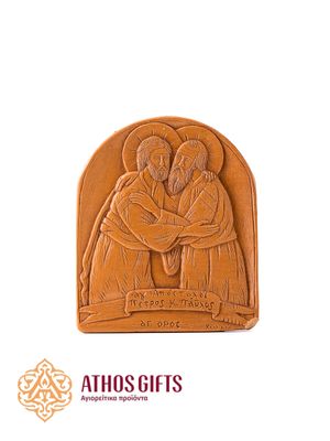 The icon “The Embrace of Peter and Paul” made of beeswax is handcrafted.