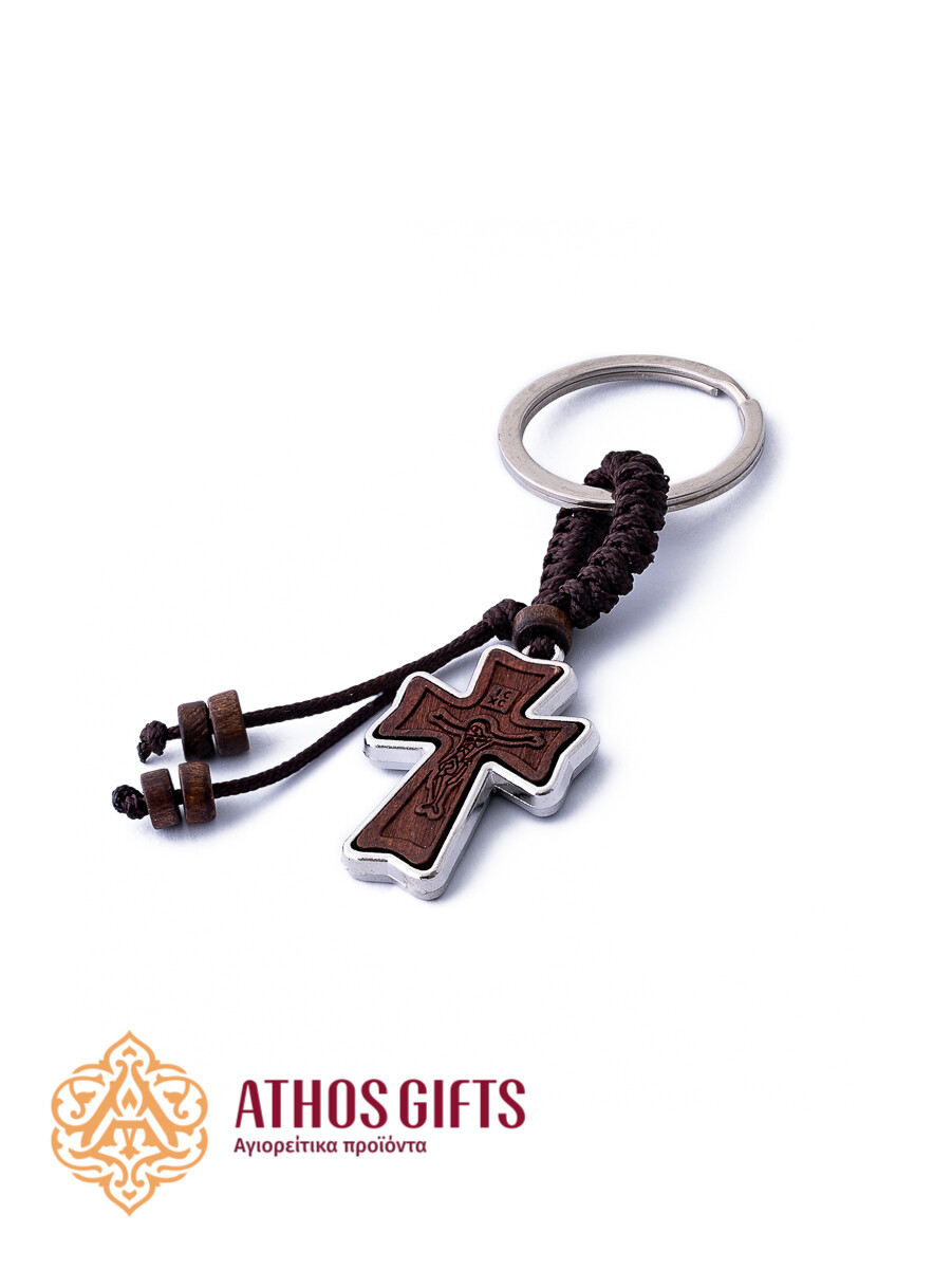 Wood and metal cross keychain.