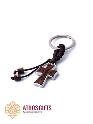 Wood and metal cross keychain.