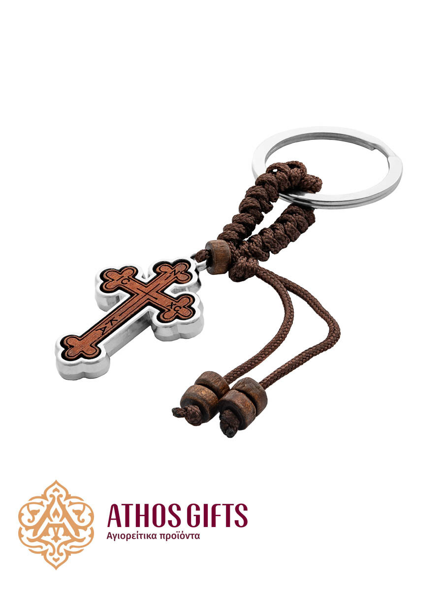 Wood and metal cross keychain, Color: Dark wood